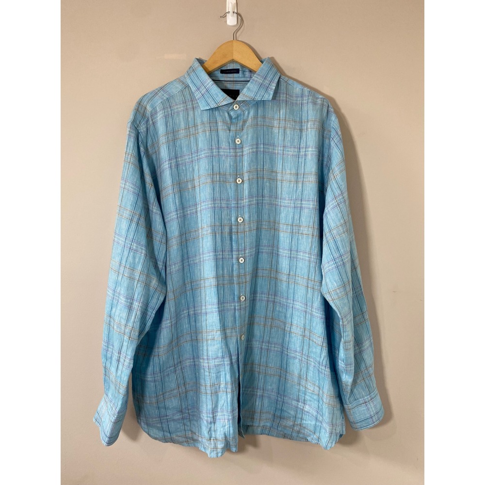 Calder Carmel 100% Linen Light Blue Plaid Limited Edition 1/200 Shirt Mens XXL‎